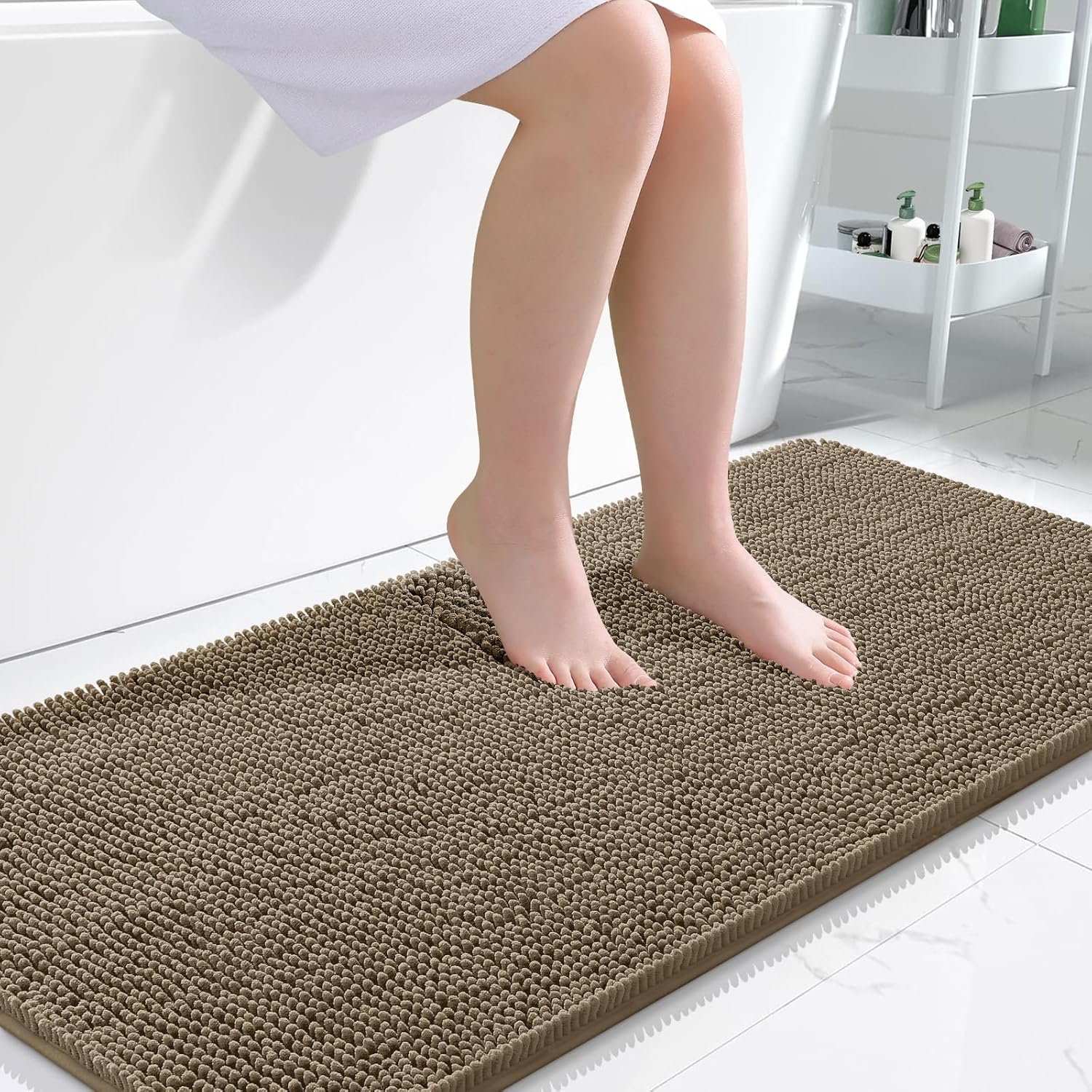 OLANLY Bathroom Runner Rugs - Extra Soft Chenille Bath Mats | Quick Dry, Machine Washable, Tan 47x24