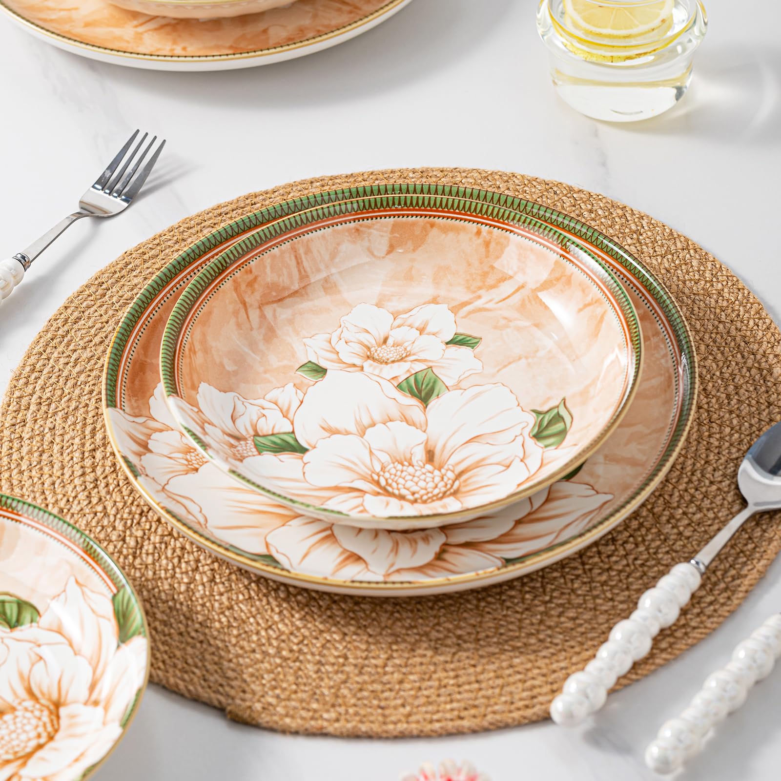 FANGJING 16-Piece Dinnerware Set for 4, Ceramic Plates and Bowls Sets, Microwave & Dishwasher Safe Dish Sets for Daily Use & Gifting, with Vintage Camellia Floral Pattern
