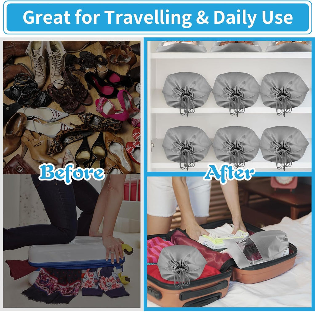 Skiennix Travel Shoe Bags - 5 Large Non-Woven Drawstring Storage Bags with Clear Window | Gray (12.6" X 17.3")