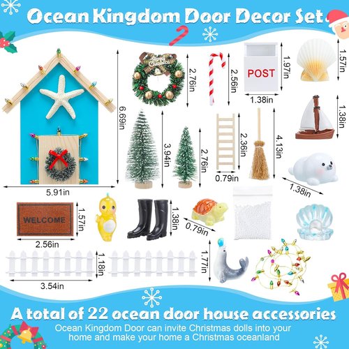 Gerrii 22 Pcs Blue Christmas Fairy Door Kit - Miniature Wooden Decor for Dollhouses & Kids' Rooms