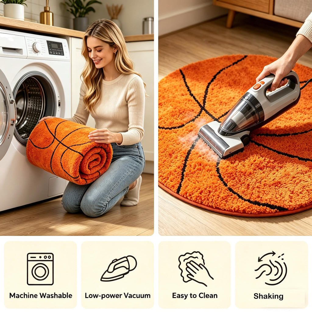 Fancytan Round Basketball Rug for Boys Bedroom, Washable Sports Round Rug for Kids Room, Basketball Room Decor, Orange (‌2'8", Round)