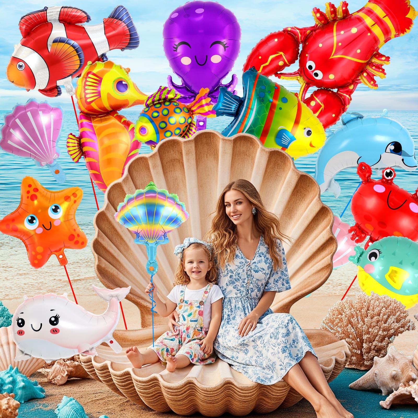 16 Pcs Ocean Animal Balloons, Under The Sea Balloons, Fish Lobster Octopus Starfish Seahorse Foil Balloon for Kids, Sea Animal Mylar Balloon for Beach Ocean Pool Birthday Party Decorations