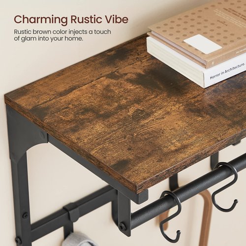 VASAGLE Laundry Room Shelf Wall Mounted, Coat Rack Shelf, with 8 Removable Hooks, for Entryway, Living Room, Kitchen, Bedroom, 15.7 x 9.4 x 9.4 Inches, Rustic Brown and Black ULCR103B01