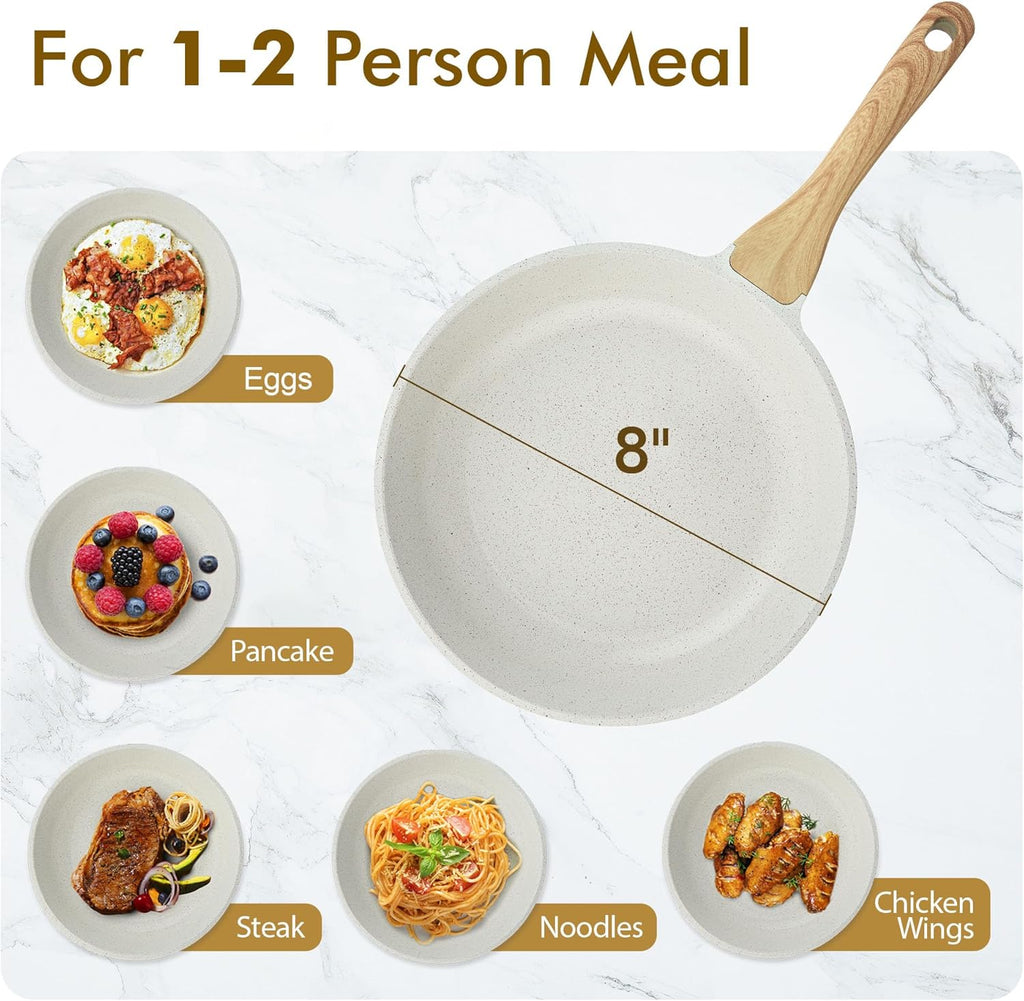 SENSARTE Nonstick Ceramic Frying Pan - 8-Inch Healthy Omelet Skillet, PFAS-Free, Induction Compatible, White (Set of 2)
