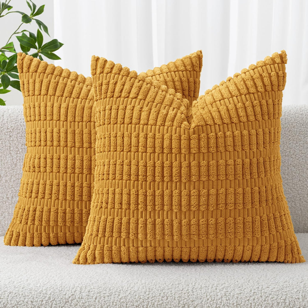 MIULEE Corduroy Throw Pillow Covers - Soft Boho Striped Design | 16x16 Inch, Gold Yellow for Modern Home Decor
