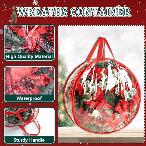 4 Pcs Christmas Wreath Storage Bag - 24 Inch Waterproof PVC Container with Red Edging & Handles
