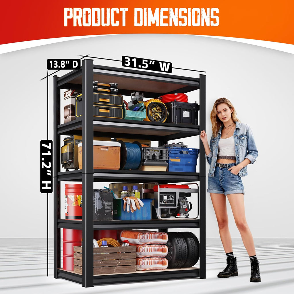 Regine Switzerland 5-Tier Garage Shelving Unit - Adjustable Heavy-Duty Metal Storage Rack | 71"H x 32"W x 14"D