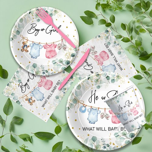 APOWBLS Gender Reveal Decorations, Greenery Baby Clothes Theme Boy or Girl Gender Reveal Baby Shower Party Supplies, He or She Paper Plates and Napkins Set, Cups, Disposable Cutlery, Serves 24