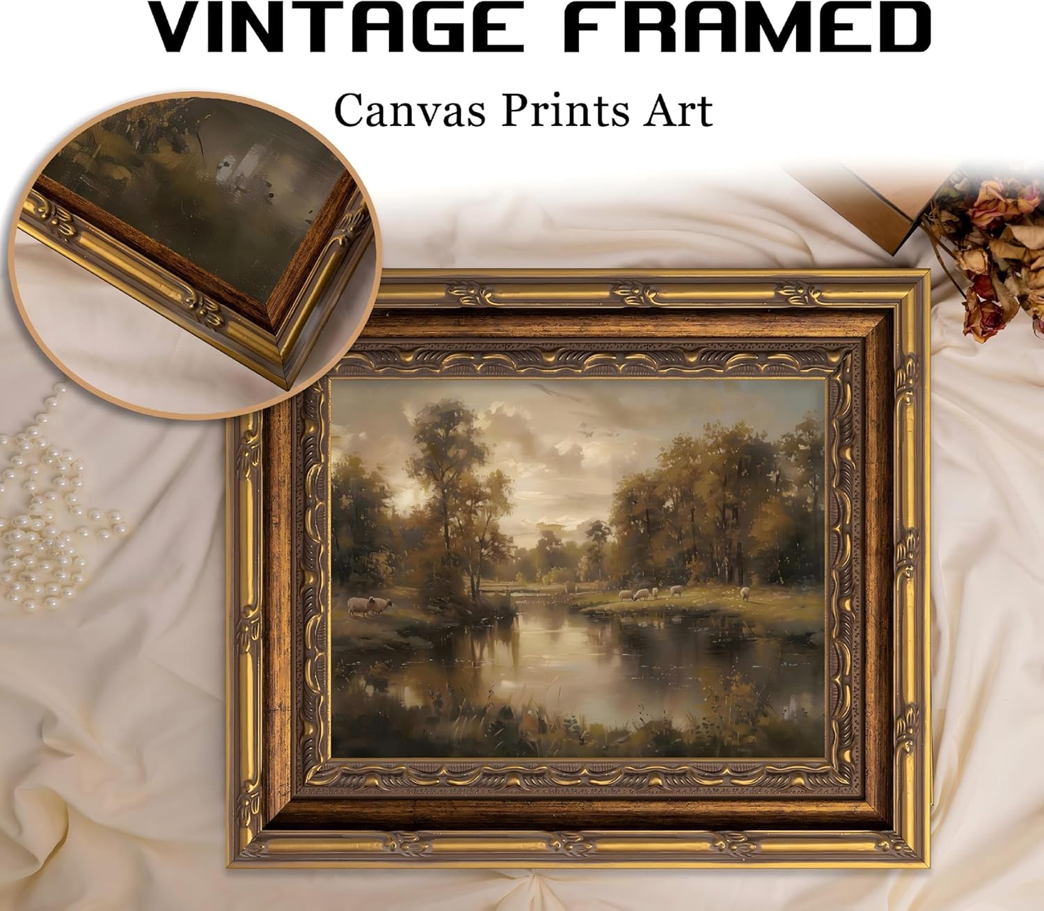 Vintage Gold Framed Landscape Wall Art - River Painting Canvas Print for Living Room & Bedroom Decor