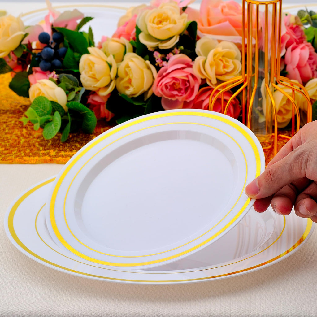 ISFANGCO 700 PCS Gold Plastic Dinnerware for 100 Guests, Gold and White Disposable Plates include 100 Dinner Plates,100 Dessert Plates,100 Silverware Set,100 Cups,100 Napkins