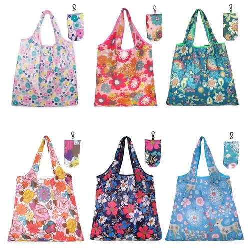 6 Pcs Reusable Shopping Bags Foldable, Machine Washable Shopping Grocery Bags in Pocket , Eco-Friendly Travel Recycle Shopping Bags, Waterproof Pouch Tote Bags for Daily Shopping Supplies load
