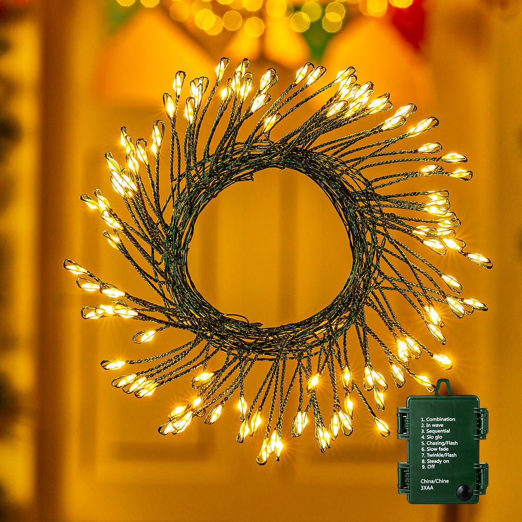 Battery Operated Cluster Lights, 10FT 100 Micro LEDs, Outdoor Twinkle Firecracker Fairy Lights, Warm White, Green Wire String Lights, Waterproof, Christmas Tree, Wreath, DIY Wedding, Christmas Decor