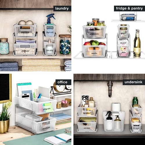 madesmart Antimicrobial 2-Tier Organizer, Multi-Purpose Slide-Out Storage with Handles and Dividers for Home and Bath, Frost, Pack of 4