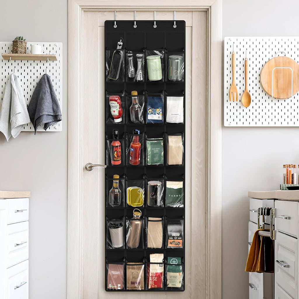 Simple Houseware 24 Pockets Over The Door Hanging Shoe Organizer - Crystal Clear, Black (64'' x 19'')