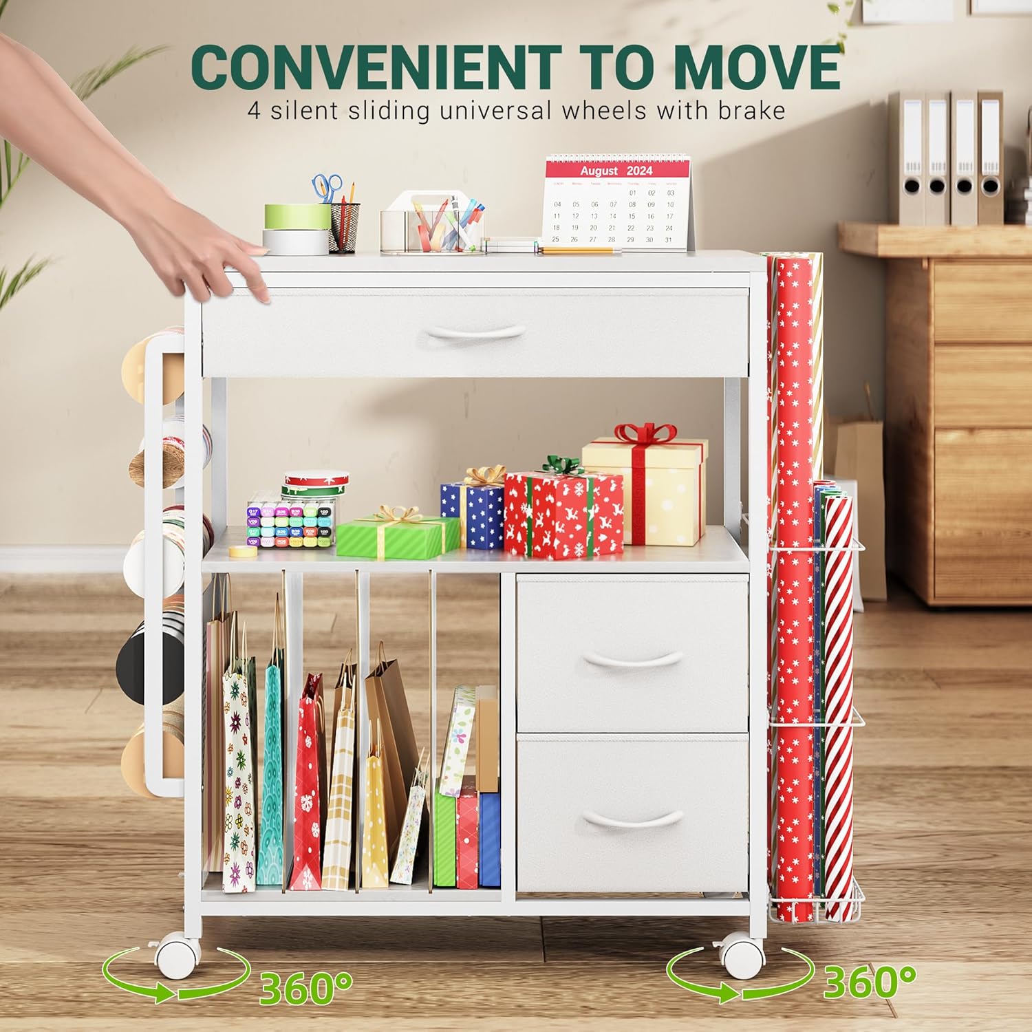 PUNLUXU Wrapping Paper Storage Cart - Rolling Gift Wrap Organizer with Ribbon & Bag Storage | Patent Protected Design