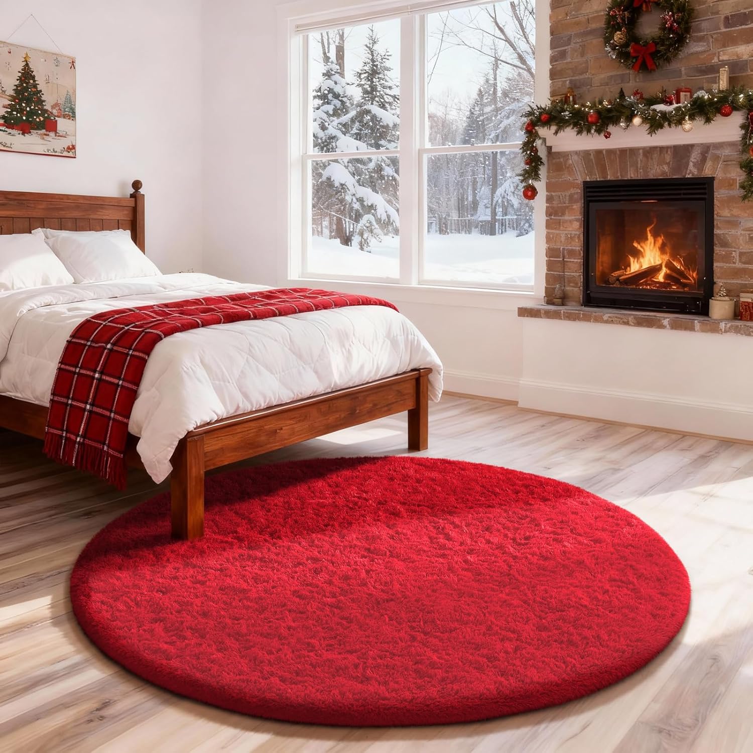 Ophanie Round Rug - 4Ft Red Circle Area Rug for Aesthetic Nursery & Living Room Decor | Soft Plush Shaggy Carpet