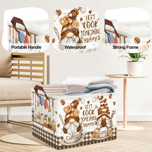 HUUMONSS Kitchen Decor Tools Kid Storage Basket Collapsible Clothes Baby Nursery Hamper Large Book Shelf Basket Boy Girl Toy Box Bin, Gnome Coffee, 36L
