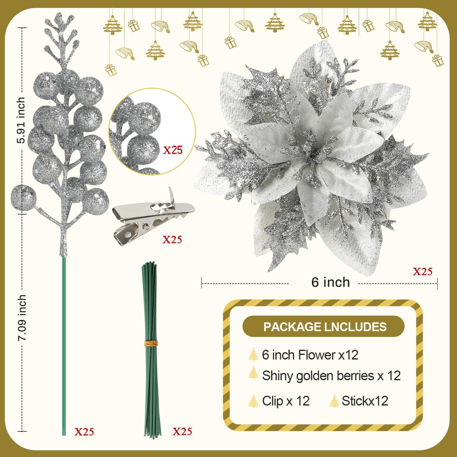 Trytuny Glitter Poinsettia Christmas Ornaments - 50pcs Artificial Flowers with Clips for DIY Wreaths | Silver