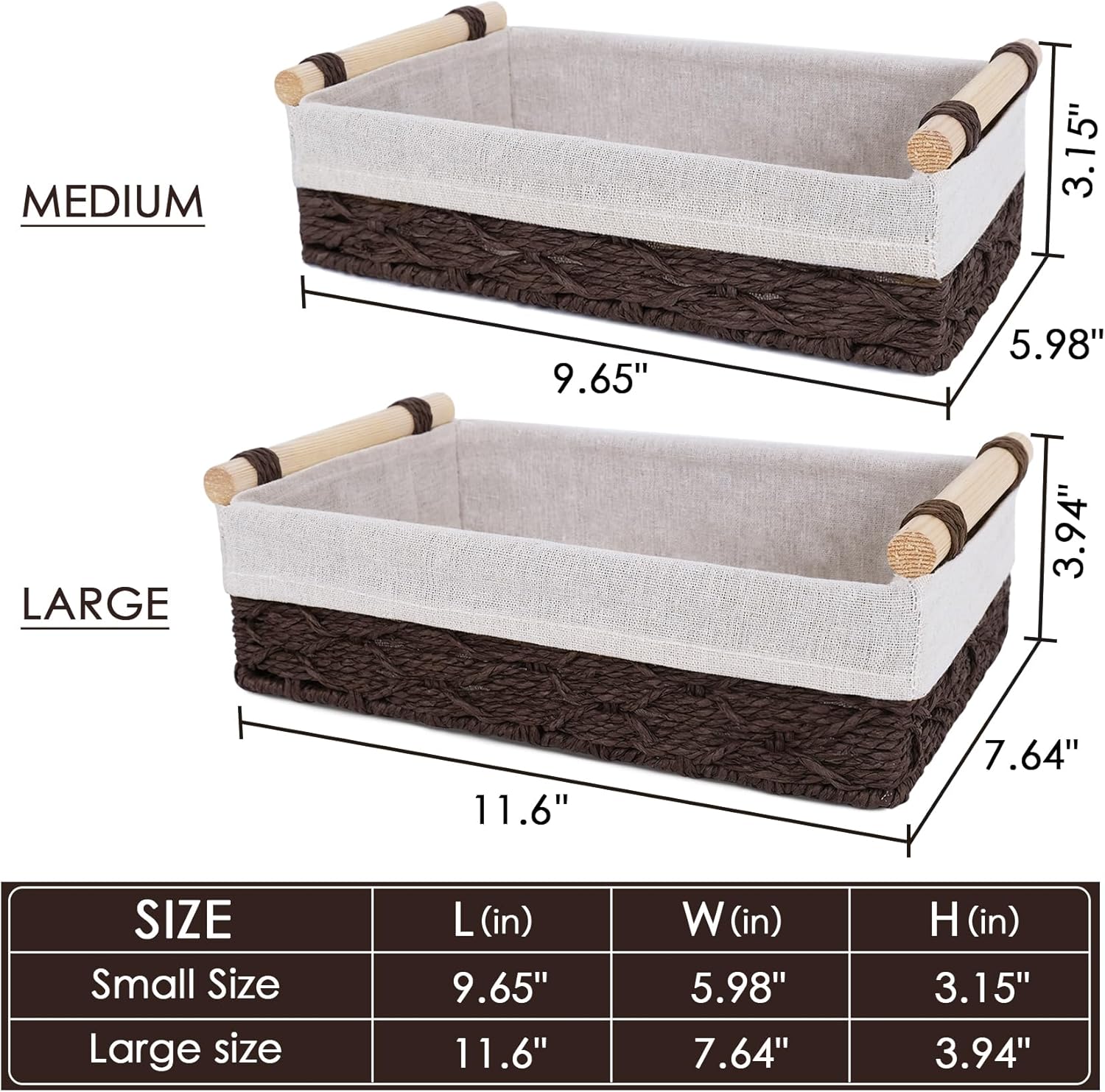 Wicker Storage Basket - Decorative Paper Rope Baskets with Wooden Handle | 2-Pack, Brown for Home & Office Organization