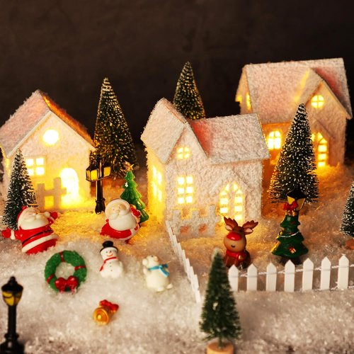 Fovths Christmas Village Set - 35 Lighted LED Houses with Mini Figurines & Fake Snow | Winter Decor
