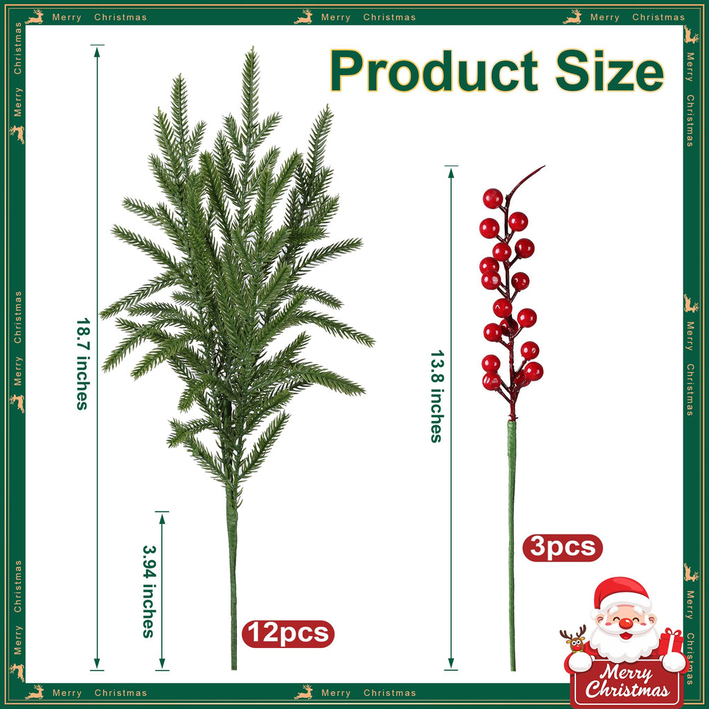 florisso Artificial Faux Christmas Norfolk Pine Stems Branches for Vases,12 Bundles Fake Evergreen Real Touch Greenery Stem with 3 PCS Red Berry Branches for Xmas Holiday Winter Table Indoor Decor