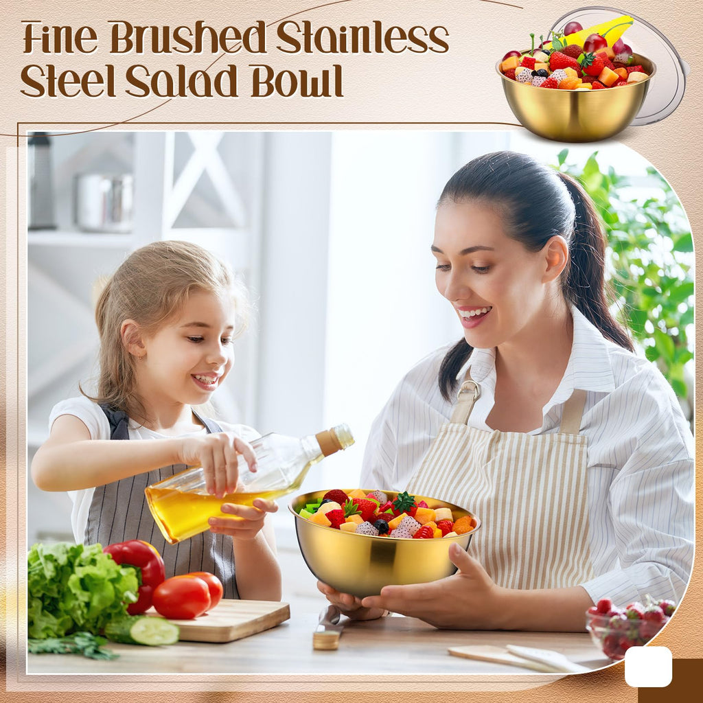 Nuogo 12 Pack 8.27 Inches Gold Stainless Steel Mixing Bowls with Airtight Lids Stackable Metal Serving Esthetician Facial Bowls for Salad, Fruit, Soup & Kitchen Prep