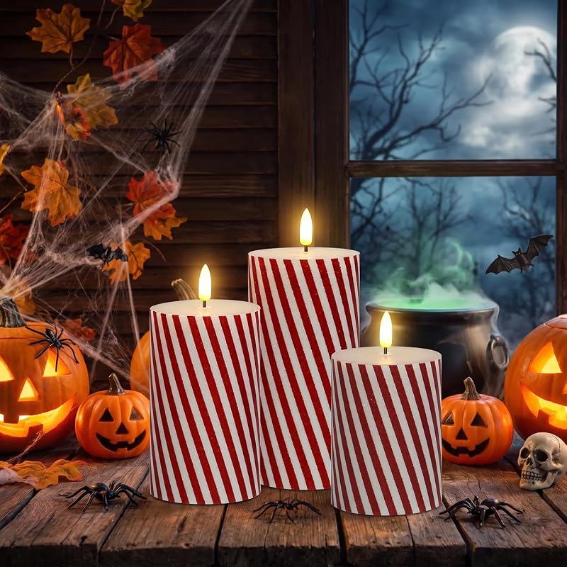 Variation of THIS listing: Christmas Flickering Red Stripes Glitter Flameless Candles, Battery Operated Pillar Real Wax LED with Remote Timer, 3-Set, Thin Red Stripes