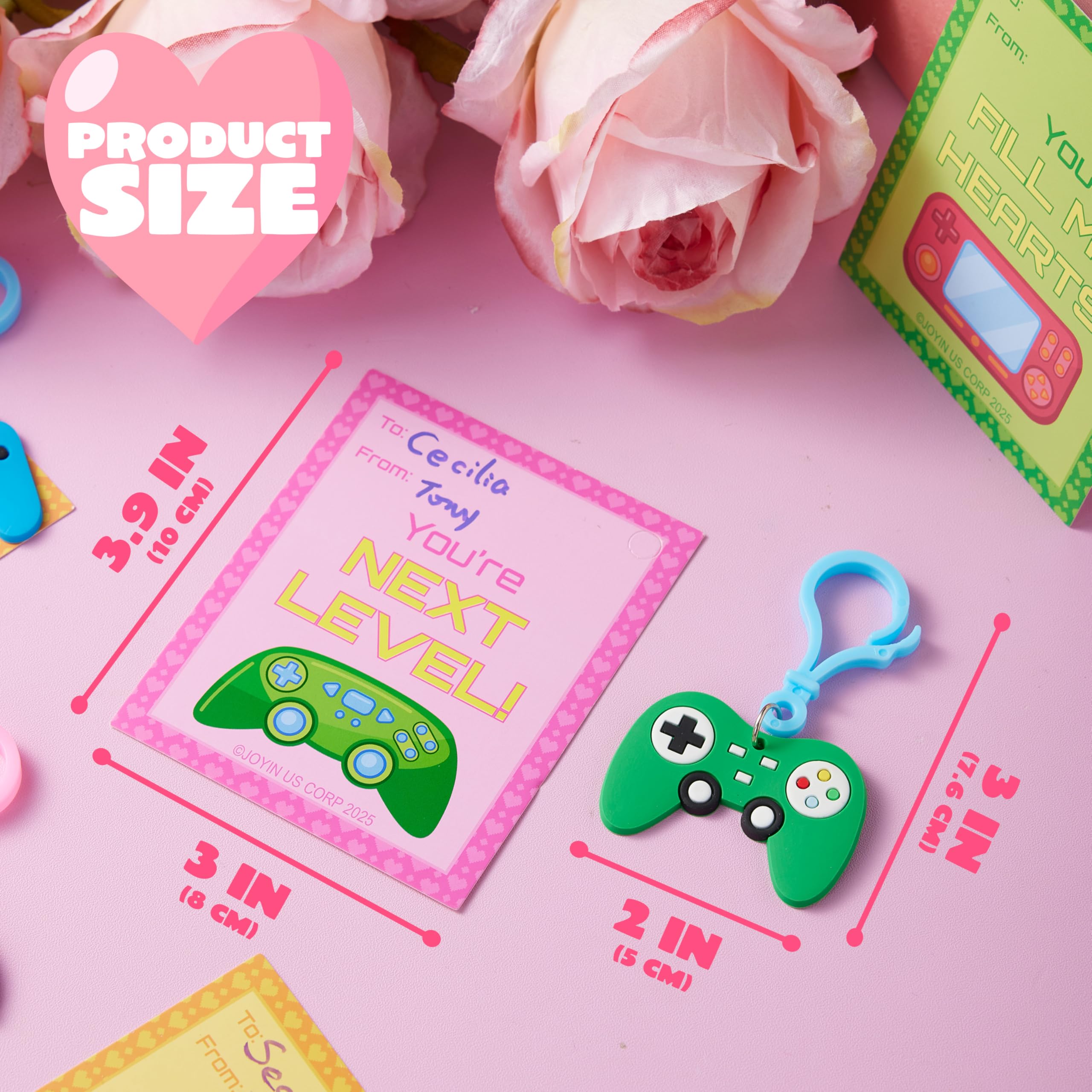 JOYIN 28 Pcs Valentines Day Gift Cards with Video Game Keychains, Multi Colored Keychains & Cards with 7 Designs, Valentine Treat Goodie Bag Stuffers for Kids Classroom School Exchange Prizes