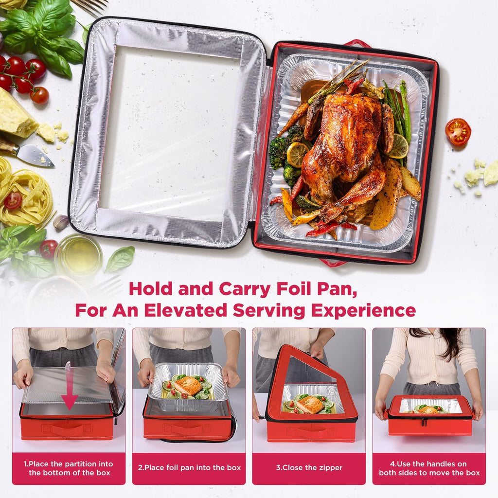 OUTXE 2 Pack Foil Pan Carrier - PU Leather Holder with Handle for Travel & Parties | 9x13 in, Red