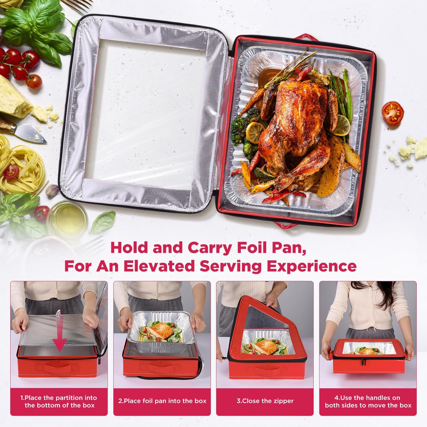 OUTXE 2 Pack Foil Pan Carrier - PU Leather Holder with Handle for Travel & Parties | 9x13 in, Red