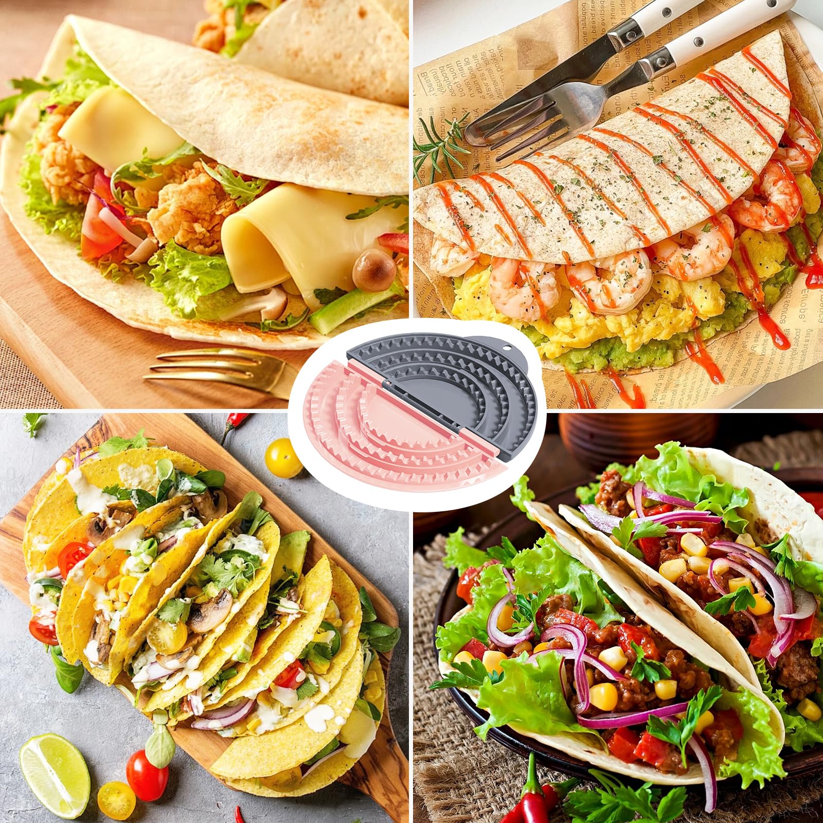Tortilla Sealer,SELERS,Tacos Tortilla Crimper Maker,Removable & Adjustable 4"- 10" /6"- 12",Quesadilla Crimper for 4''-12'' Wraps,Burritos,Pasties,Tortilla,Dumplings,Sandwich,Grey Pink (4"+6"+8")