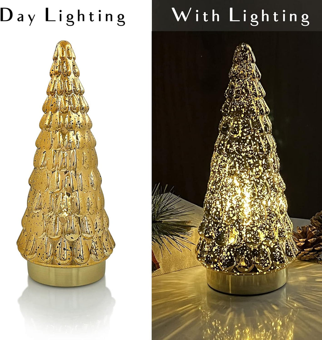 SHMILMH Gold Mercury Glass Christmas Tree - Set of 2 Battery Operated Tabletop Xmas Trees | 10" Decor