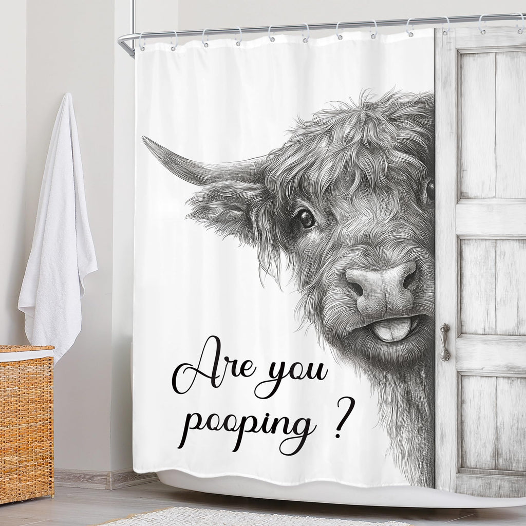Newsely Funny Highland Cow Shower Curtain 60Wx72L Inch Black and White Rustic Farmhouse Wooden Door Bathroom Set Humorous are You Pooping Waterproof Bath Decoration Accessories Home Decor