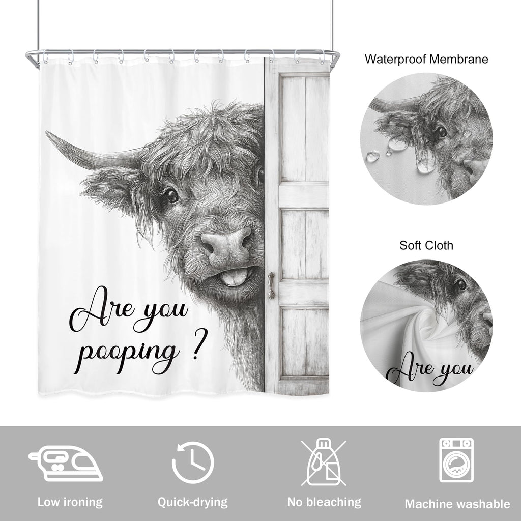 Newsely Funny Highland Cow Shower Curtain 60Wx72L Inch Black and White Rustic Farmhouse Wooden Door Bathroom Set Humorous are You Pooping Waterproof Bath Decoration Accessories Home Decor
