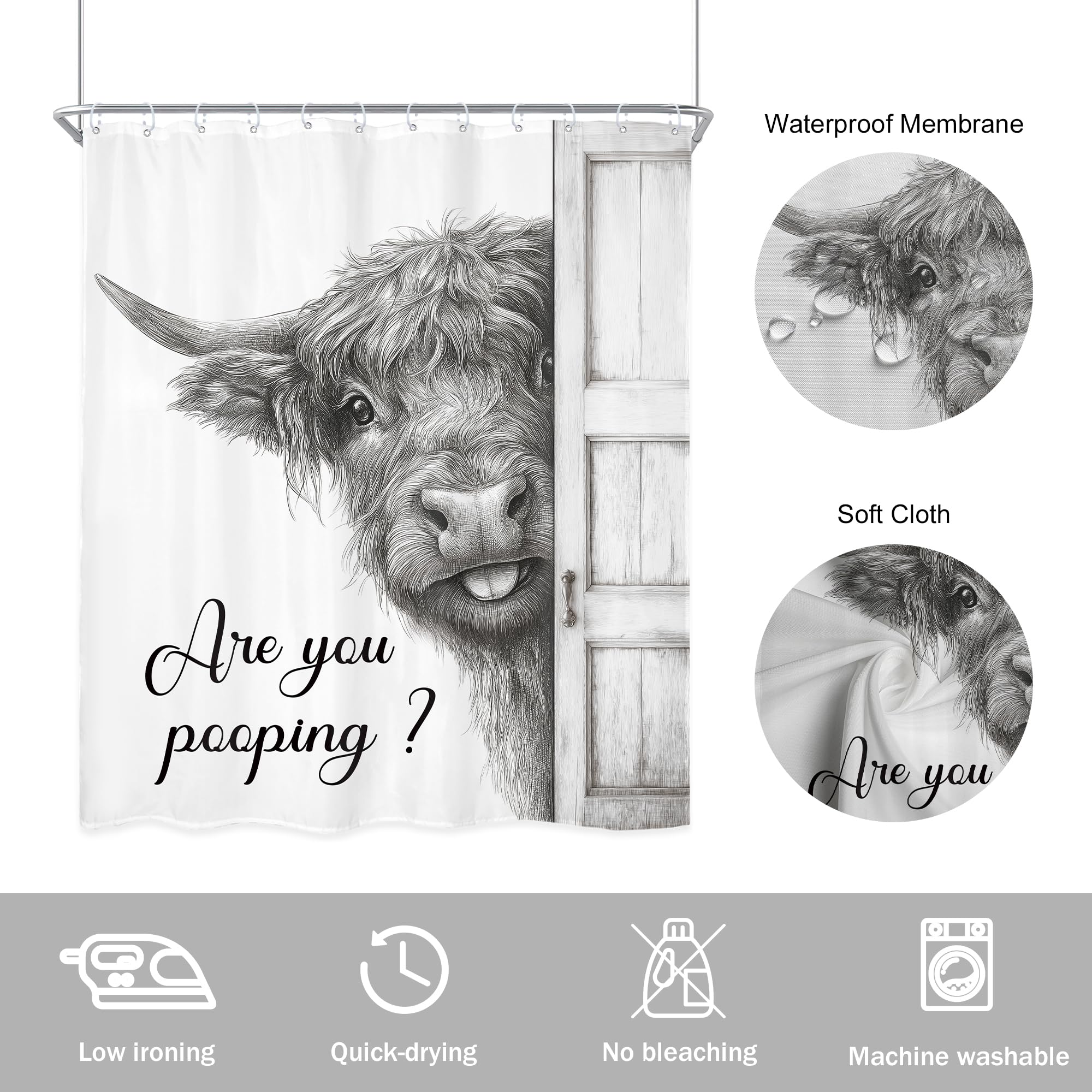 Newsely Funny Highland Cow Shower Curtain 60Wx72L Inch Black and White Rustic Farmhouse Wooden Door Bathroom Set Humorous are You Pooping Waterproof Bath Decoration Accessories Home Decor