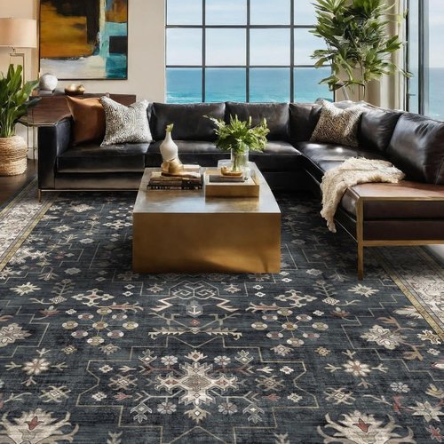 Hazo Haus Washable Black Farmhouse Area Rugs - 7x10 ft, Stain Resistant, Non-Slip for Living Room & Bedroom