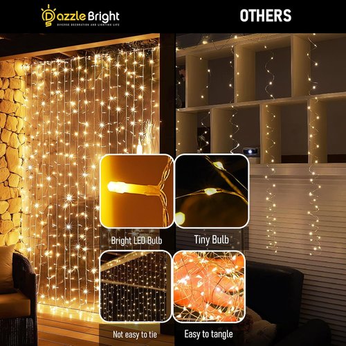 Dazzle Bright 300 LED Curtain Lights - Plug-In Fairy Lights for Bedroom & Outdoor Decor | Warm White