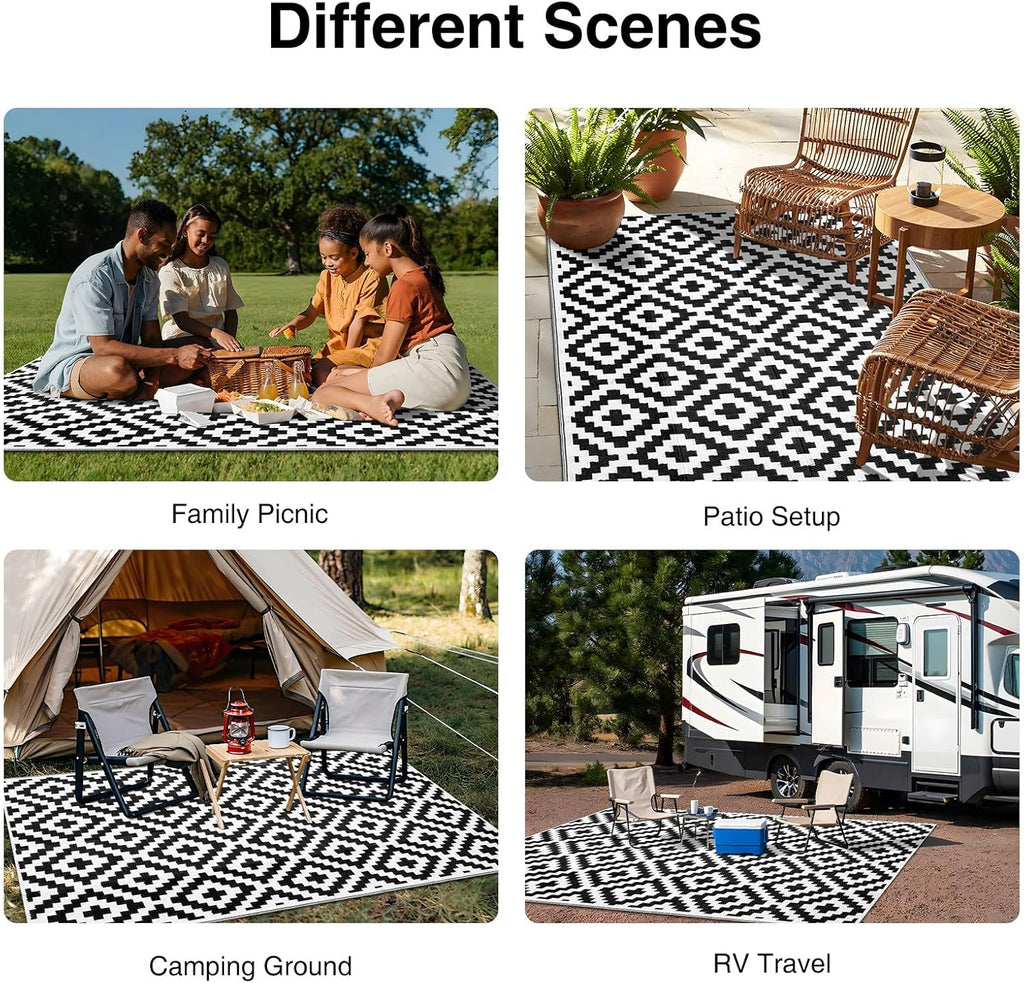 OLANLY Waterproof Outdoor Rug - Versatile 5x8 ft Plastic Straw Mat for Camping & Patio | Black & White