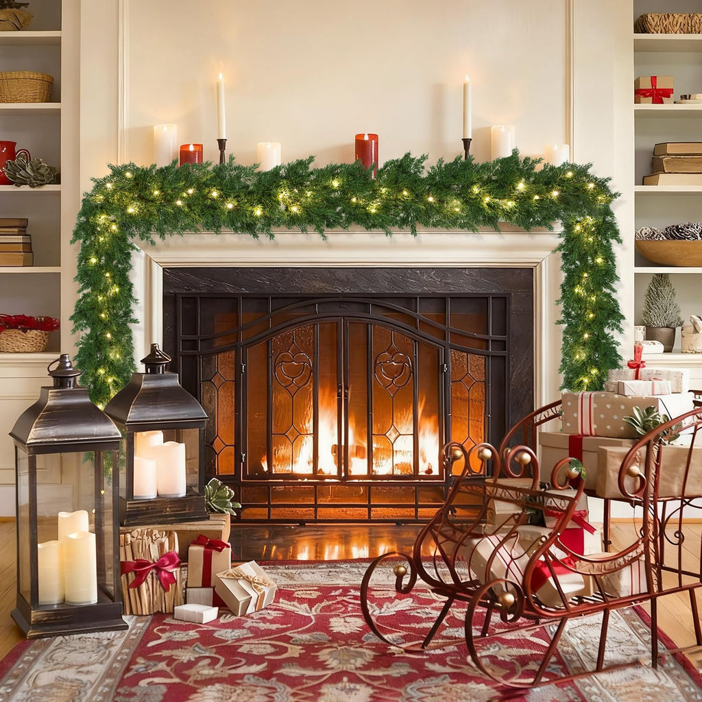 Realistic Christmas Garland With 8 Lighting Modes 6FT Real Touch Lush Artificial Cypress Garlands Prelit Garlands for Stairs Railing Fireplace Table Christmas Decorations Indoor Holiday Decor Greenery