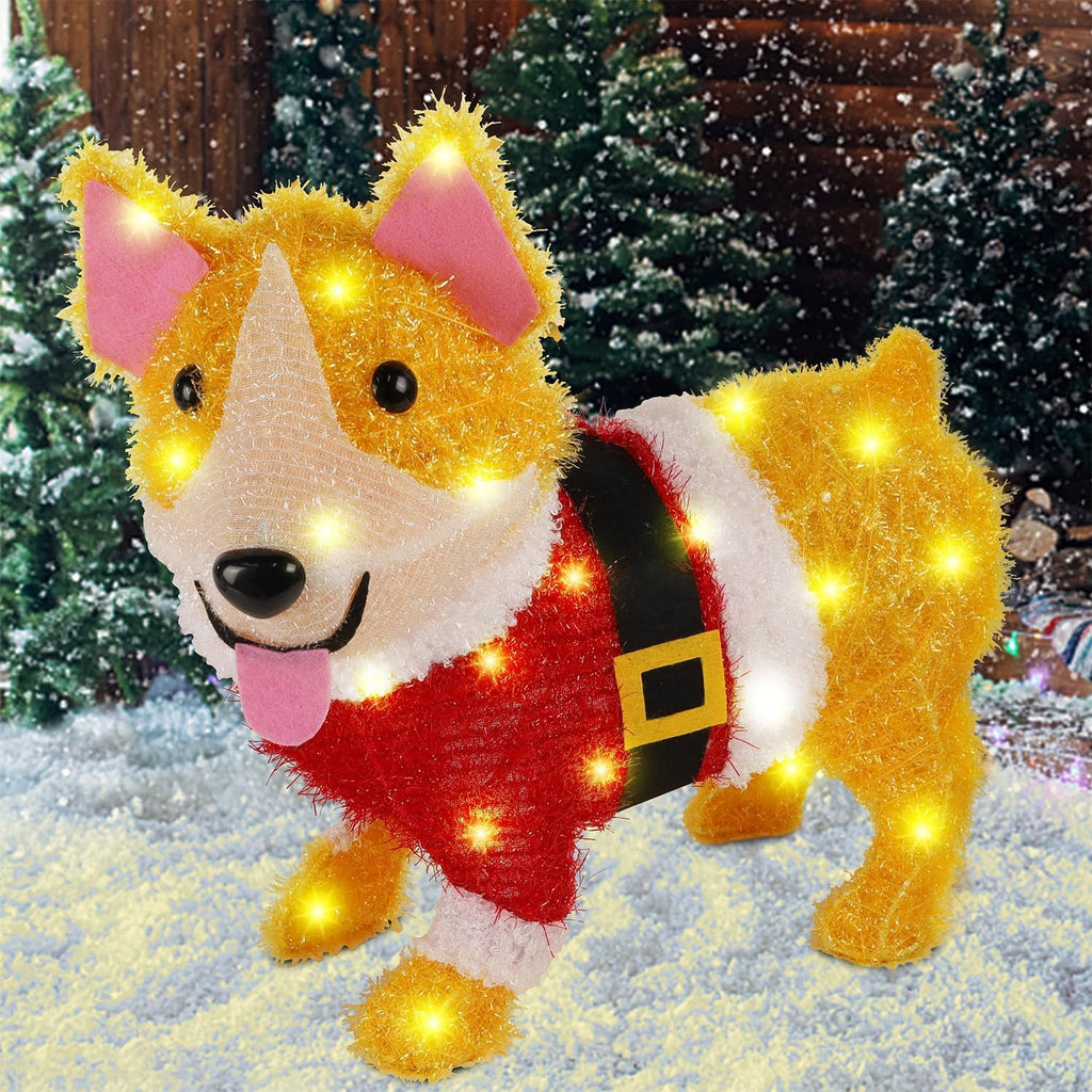 WATERGLIDE 17-Inch Lighted Christmas Dog Decoration - Pre-Lit 3D Tinsel Puppy for Indoor/Outdoor Holiday Display