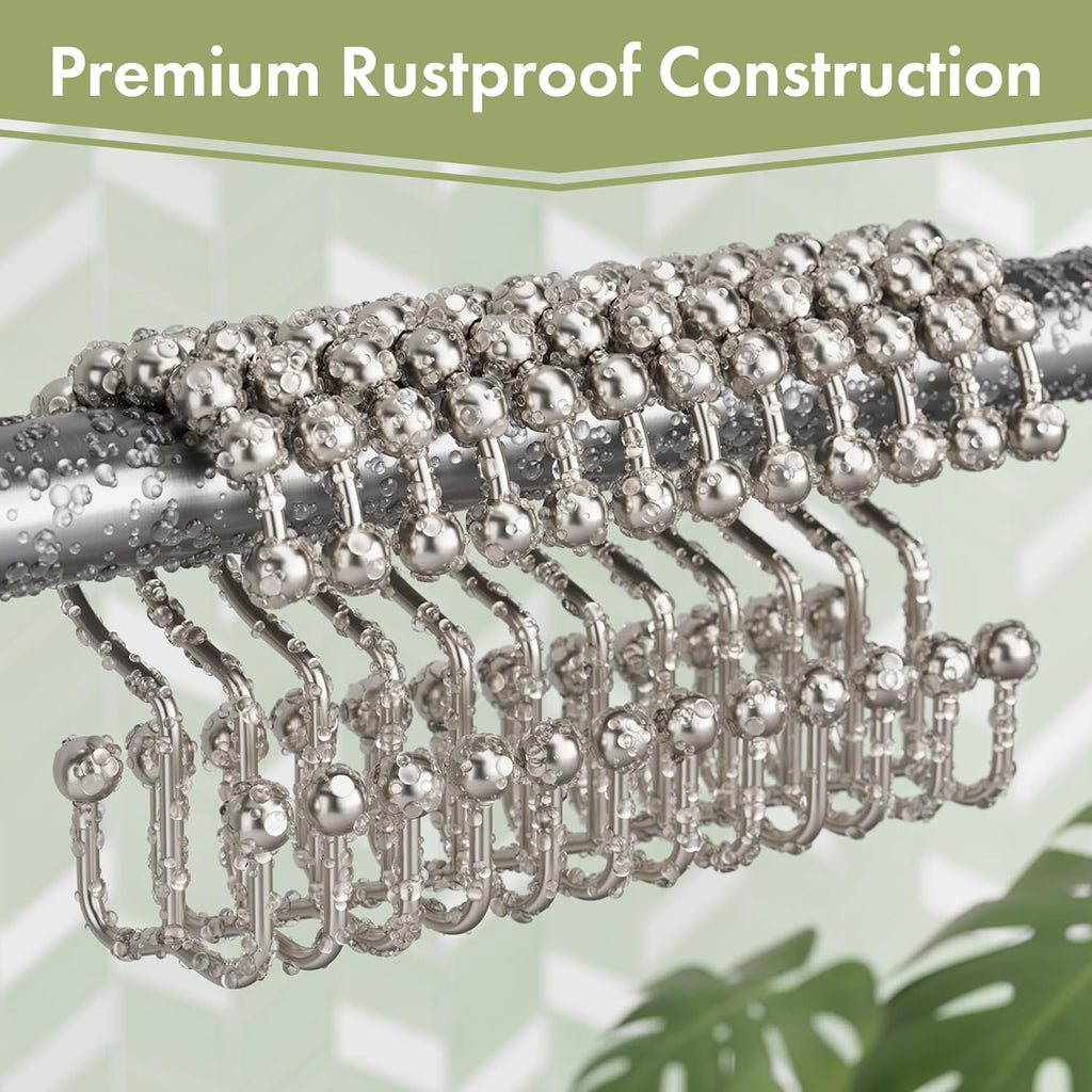 Amazer Shower Curtain Hooks - 12PCS Rust-Resistant Metal Double Rings for Easy Curtain Rolling | Nickel Finish