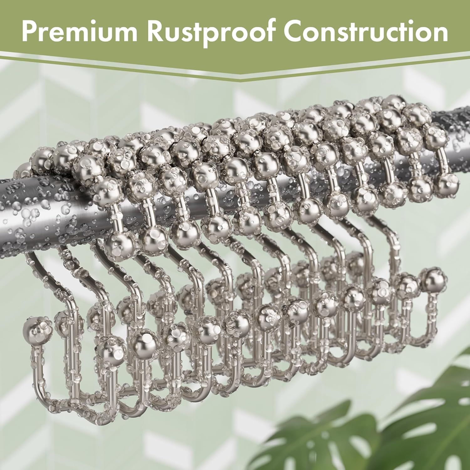 Amazer Shower Curtain Hooks - 12PCS Rust-Resistant Metal Double Rings for Easy Curtain Rolling | Nickel Finish