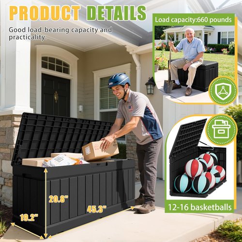 Greesum Outdoor Storage Box - 82 Gallon Waterproof Bin with Lid for Patio, Garden & Pool | Black