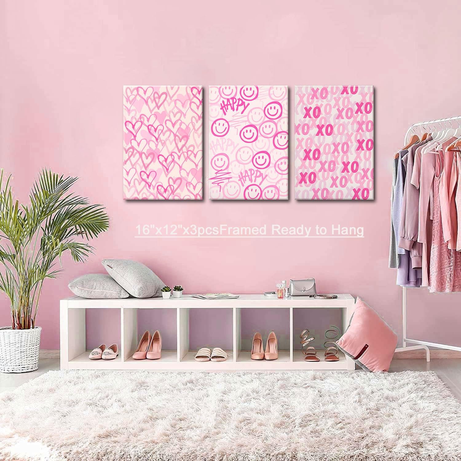 Simplicity Pink Wall Art Set of 3 - Heart Shaped Doodle Smiley XO | Modern Canvas Prints for Girls' Bedroom - Framed 12x16 Inch