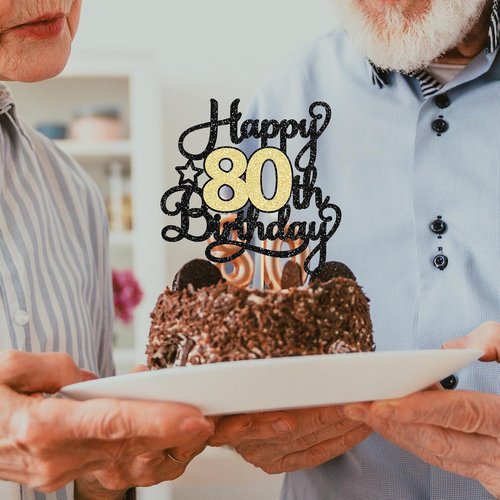 Happy 80th Birthday Cake Topper by [Brand Name] - Black Gold Glitter Design for 80th Anniversary Celebration