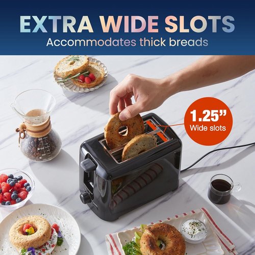 Elite Gourmet Cool Touch Toaster - 6 Temperature Settings & Extra Wide Slots for Bagels | Black, 2 Slices