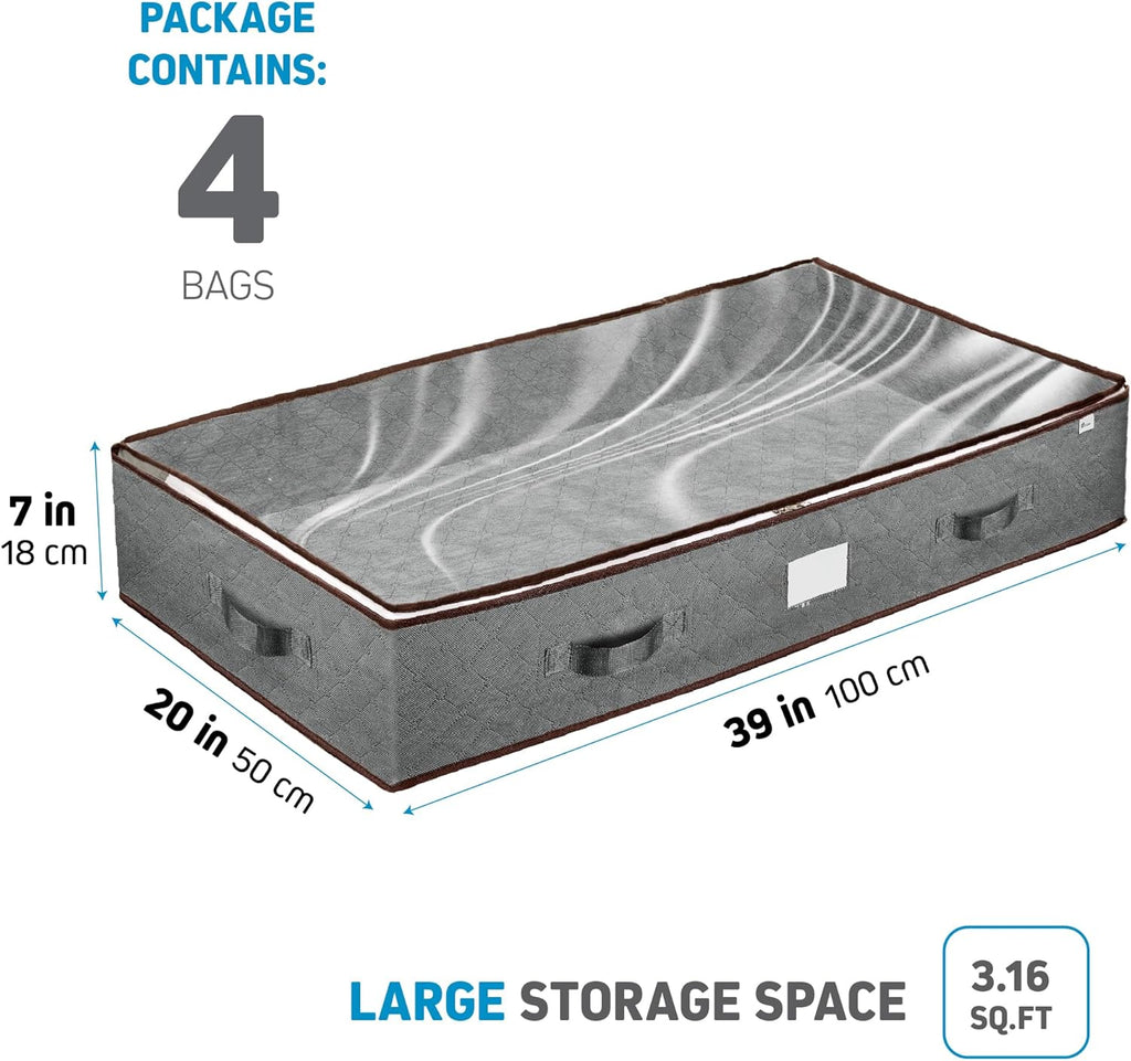 Under Bed Storage Bins - Pack of 4 Clear Top Containers with Handles for Clothes & Shoes