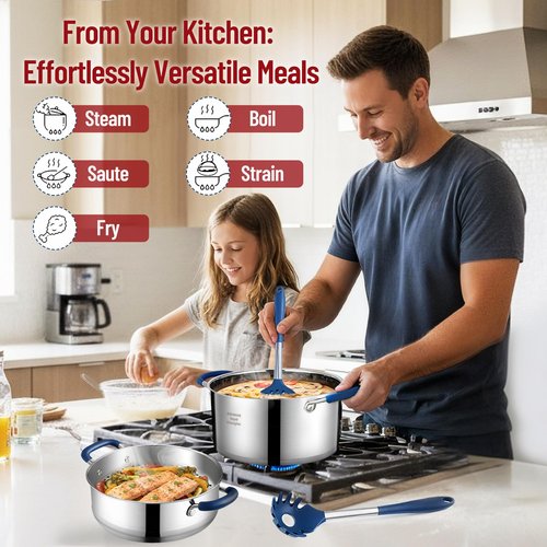ARC 6QT Stainless Steel Stock Pot w/Steamer Basket, Multi-steamer Pot With Tempered Glass Lid for Cooking, Multipurpose Cookware with Silicone Handle for Veggies, Soup, Seafood, Induction-Ready