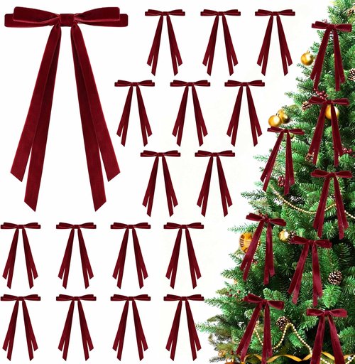 24 Pcs Burgundy Velvet Christmas Bows by [Brand Name] - Pre-Tied Vintage Ribbon for Trees, Wreaths & Gifts | 5 x 7 Inch