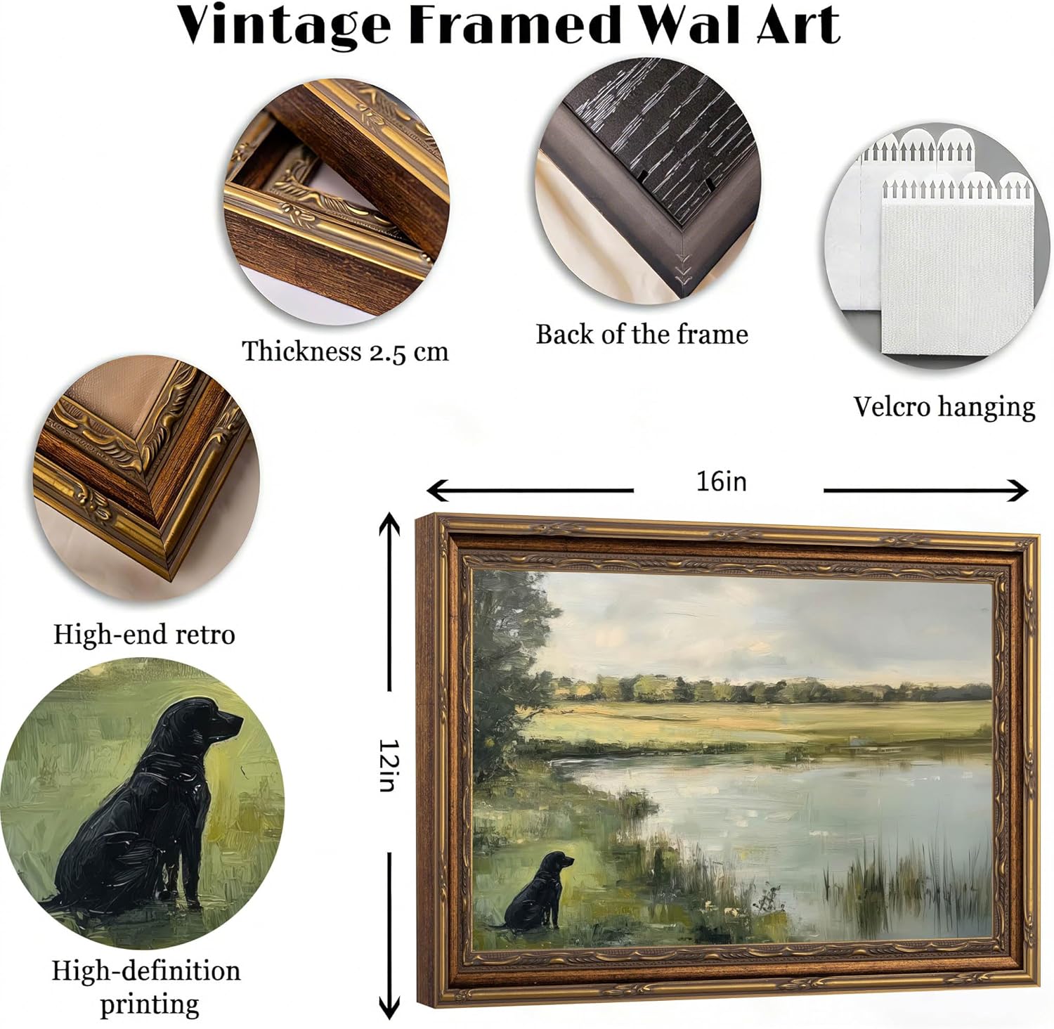 RVETNGVM Vintage Black Labrador Wall Art - Rustic Dog & Pond Landscape Decor | 9"x11" Framed Print for Living Room, Bedroom, or Office